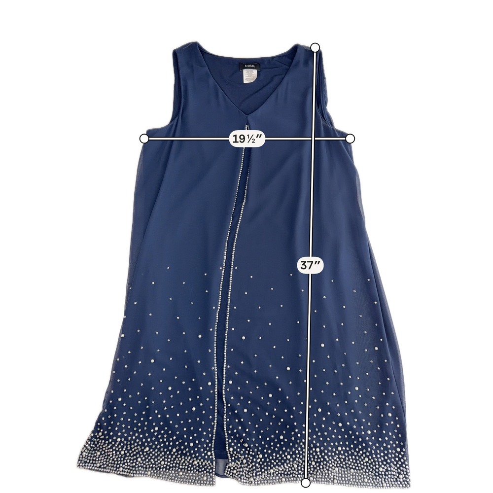 NWT MSK Navy Sleeveless Rhinestone Pearl Embellished Shift Dress Womens Sz Large - Picture 11 of 11